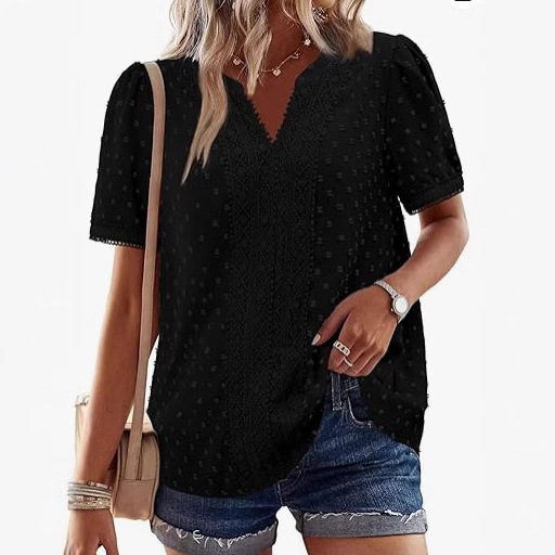 Риза с V-образно деколте, къс ръкав, свободна кройка (полиестер)