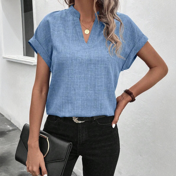 Cămașă cu decolteu în V, mâneci scurte, croială slim, poliester/spandex, lungime 50–65 cm, stil elegant pentru birou