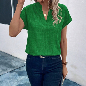 Cămașă cu decolteu în V, mâneci scurte, croială slim, poliester/spandex, lungime 50–65 cm, stil elegant pentru birou