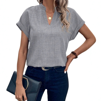Cămașă cu decolteu în V, mâneci scurte, croială slim, poliester/spandex, lungime 50–65 cm, stil elegant pentru birou