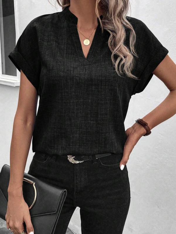 Cămașă cu decolteu în V, mâneci scurte, croială slim, poliester/spandex, lungime 50–65 cm, stil elegant pentru birou