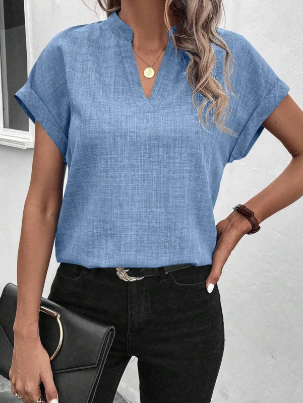 Cămașă cu decolteu în V, mâneci scurte, croială slim, poliester/spandex, lungime 50–65 cm, stil elegant pentru birou