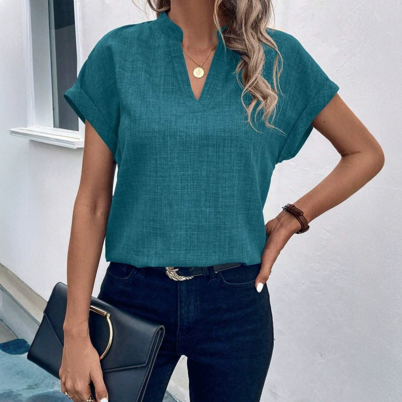 Cămașă cu decolteu în V, mâneci scurte, croială slim, poliester/spandex, lungime 50–65 cm, stil elegant pentru birou
