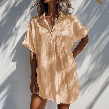 Риза, едноцветна полиестерна тъкан, къс ръкав, дълга кройка, пайчворк дизайн