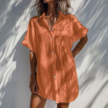 Риза, едноцветна полиестерна тъкан, къс ръкав, дълга кройка, пайчворк дизайн