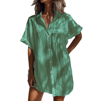 Риза, едноцветна полиестерна тъкан, къс ръкав, дълга кройка, пайчворк дизайн