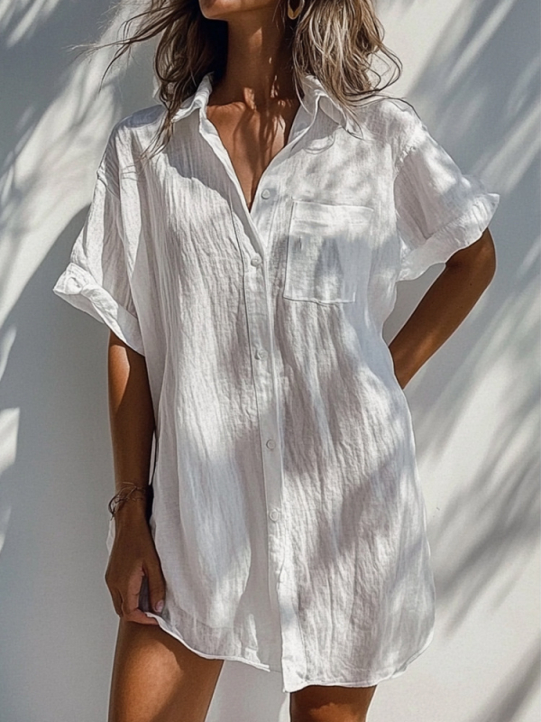 Риза, едноцветна полиестерна тъкан, къс ръкав, дълга кройка, пайчворк дизайн