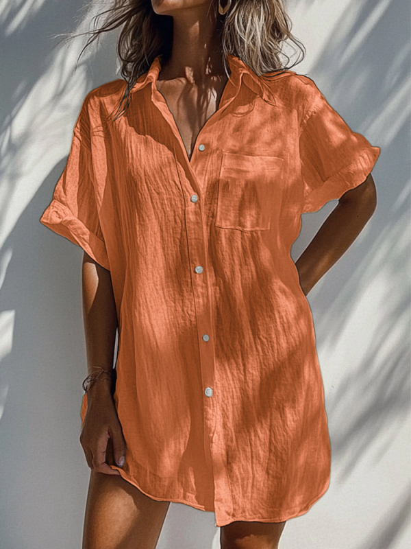 Риза, едноцветна полиестерна тъкан, къс ръкав, дълга кройка, пайчворк дизайн