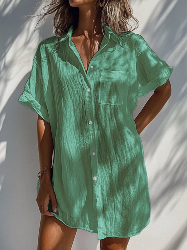 Риза, едноцветна полиестерна тъкан, къс ръкав, дълга кройка, пайчворк дизайн