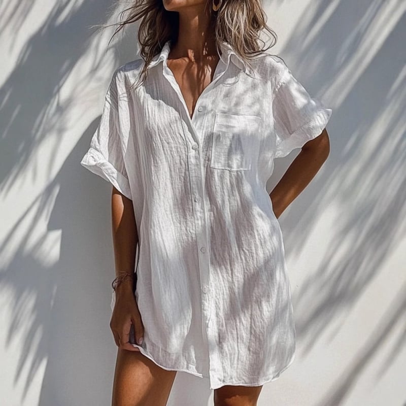 Риза, едноцветна полиестерна тъкан, къс ръкав, дълга кройка, пайчворк дизайн