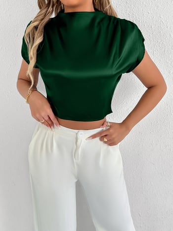 Cămașă din satin poliester, mâneci scurte, fără guler, stil pulover
