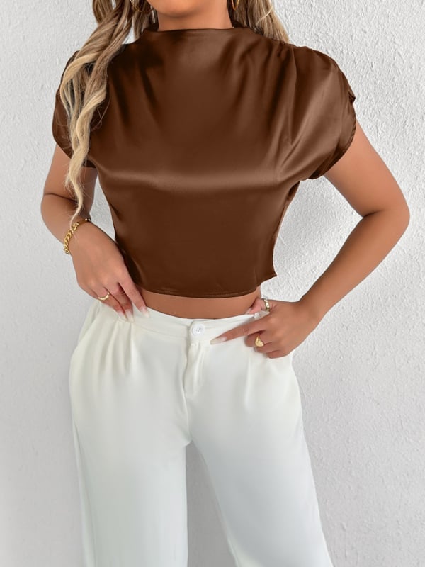 Cămașă din satin poliester, mâneci scurte, fără guler, stil pulover