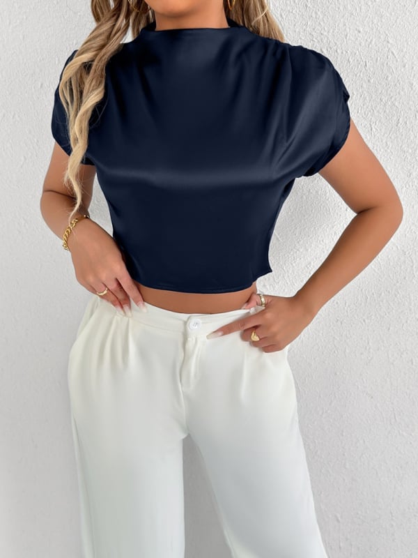 Cămașă din satin poliester, mâneci scurte, fără guler, stil pulover