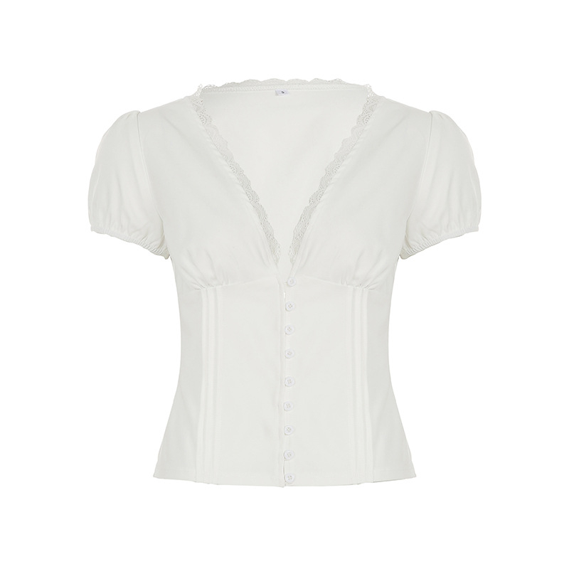 Bluza s čipkastim patchworkom i V-izrezom, puff rukavi, uski kroj, poliester
