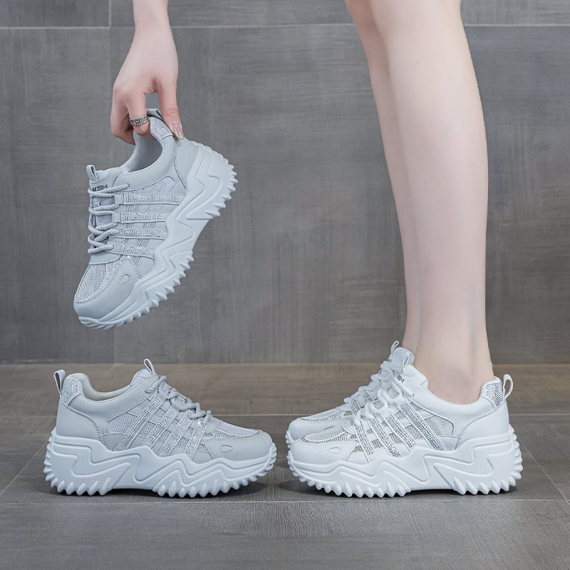 Γυναικεία αθλητικά παπούτσια με φαρδύ πάτο, πλέγμα επάνω, σόλα πολυουρεθάνης, μεσαίο ύψος φτέρνας 3–5 cm, κλείσιμο με κορδόνια