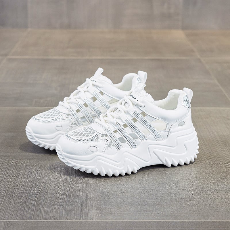 Γυναικεία αθλητικά παπούτσια με φαρδύ πάτο, πλέγμα επάνω, σόλα πολυουρεθάνης, μεσαίο ύψος φτέρνας 3–5 cm, κλείσιμο με κορδόνια