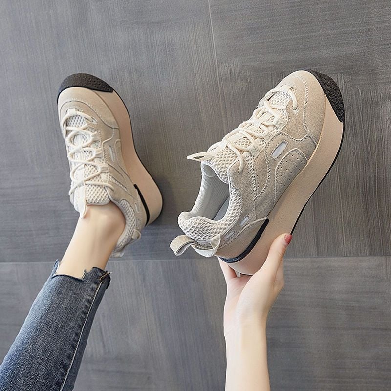 Sneakers πλατφόρμες με χαμηλό επάνω μέρος, κορδόνια, ύφασμα στο πάνω μέρος, PU σόλα, ελαφριά και διαπνέουσες