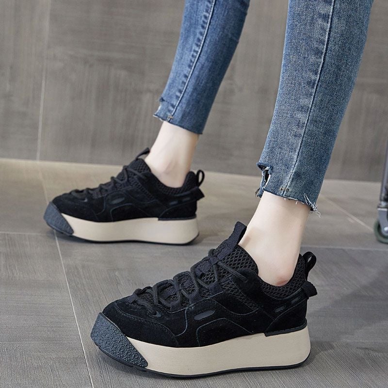 Sneakers πλατφόρμες με χαμηλό επάνω μέρος, κορδόνια, ύφασμα στο πάνω μέρος, PU σόλα, ελαφριά και διαπνέουσες