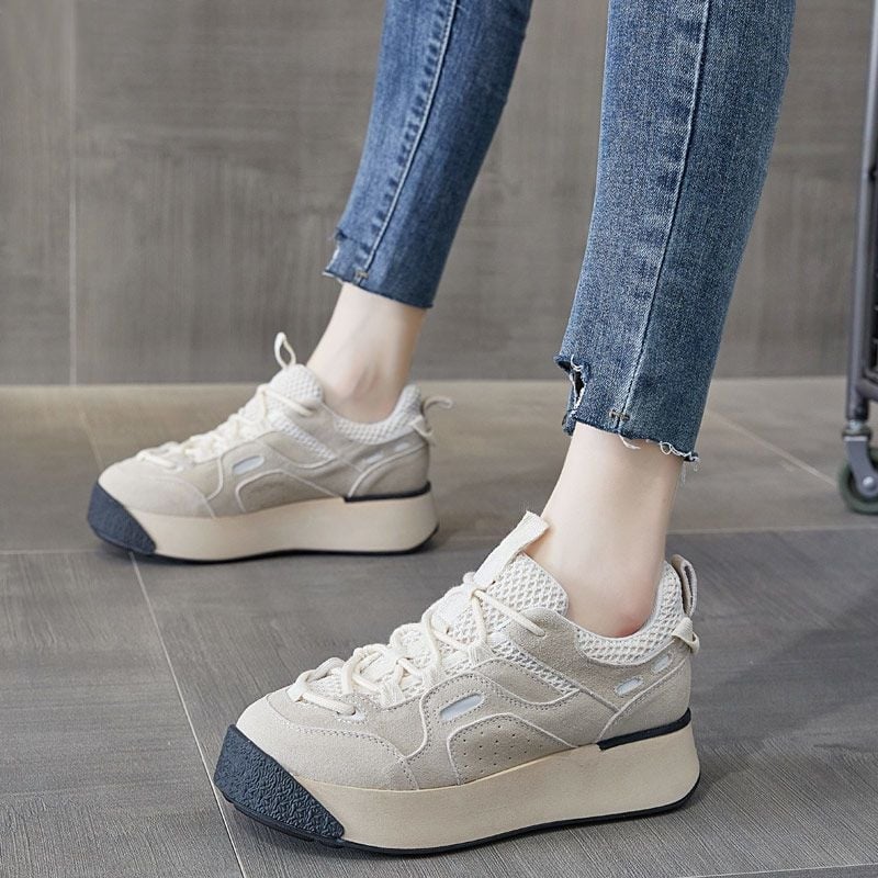 Sneakers πλατφόρμες με χαμηλό επάνω μέρος, κορδόνια, ύφασμα στο πάνω μέρος, PU σόλα, ελαφριά και διαπνέουσες