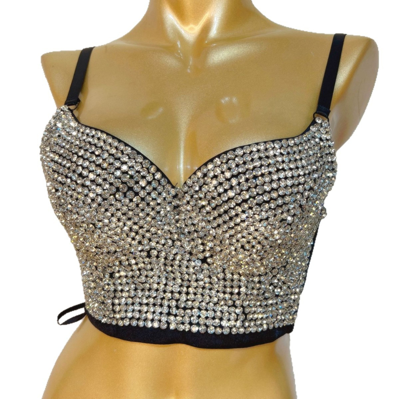 Ženski beznaramenični bustier s kristalima, seksi klub odjeća, poliester-elastanska smjesa
