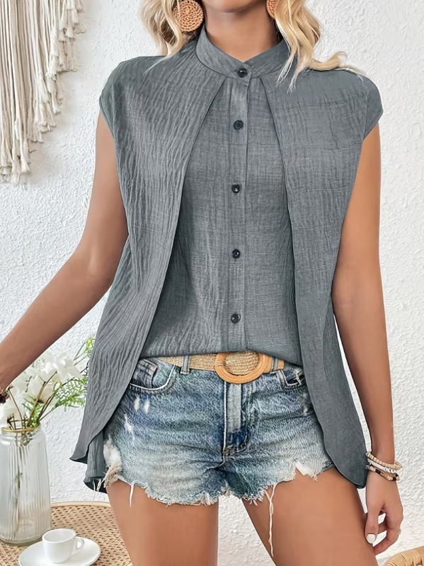 Bluza od poliestera, elegantan gradski stil, lažni dvodijelni set, stojeći ovratnik, raglan rukavi, srednja duljina