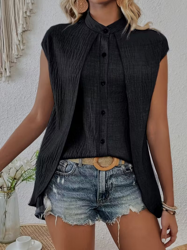 Bluza od poliestera, elegantan gradski stil, lažni dvodijelni set, stojeći ovratnik, raglan rukavi, srednja duljina