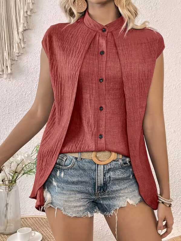 Bluza od poliestera, elegantan gradski stil, lažni dvodijelni set, stojeći ovratnik, raglan rukavi, srednja duljina