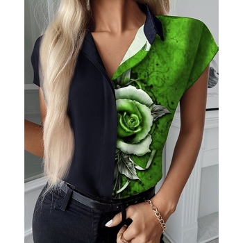 Košulja s cvjetnim uzorkom i V-izrezom, patchwork šivanje, kratki rukavi, slobodan kroj