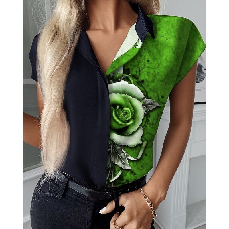 Košulja s cvjetnim uzorkom i V-izrezom, patchwork šivanje, kratki rukavi, slobodan kroj