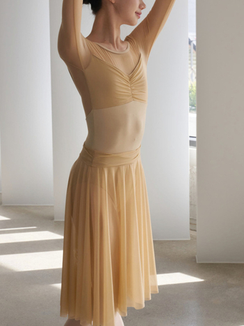 Leotard balet cu spate din plasă, mâneci lungi, costum de dans într-o singură piesă; material Milk Silk nylon