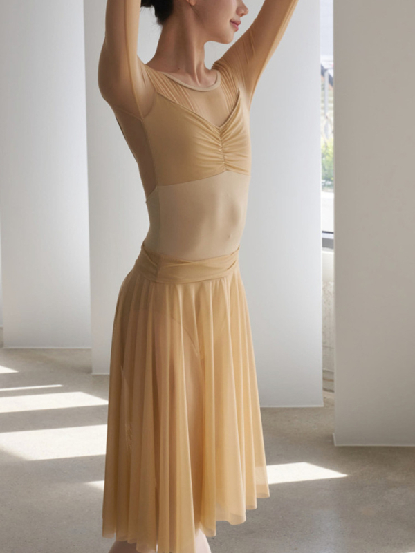Leotard balet cu spate din plasă, mâneci lungi, costum de dans într-o singură piesă; material Milk Silk nylon