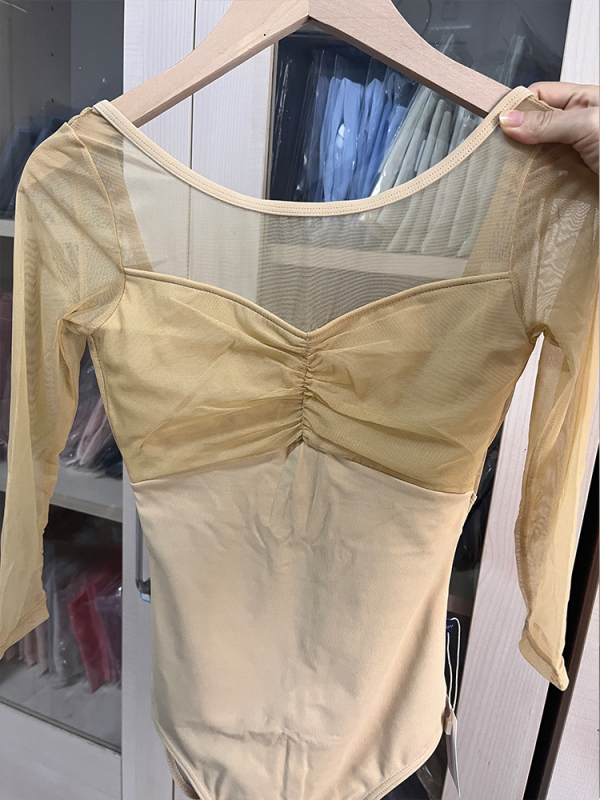 Leotard balet cu spate din plasă, mâneci lungi, costum de dans într-o singură piesă; material Milk Silk nylon