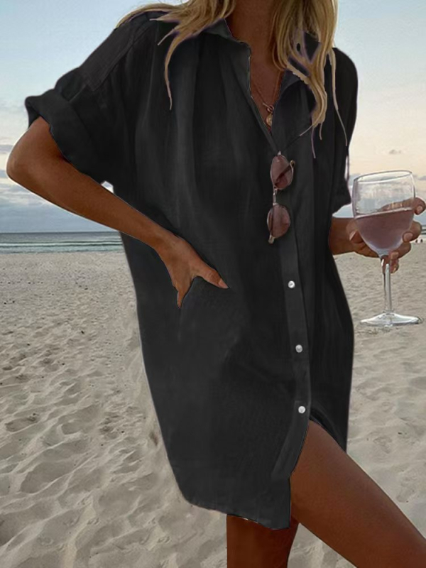 Košulja od pamuka i lana, opuštenog kroja, dugi rukavi, rever ovratnik, jednobojni uzorak, literarno-retro stil