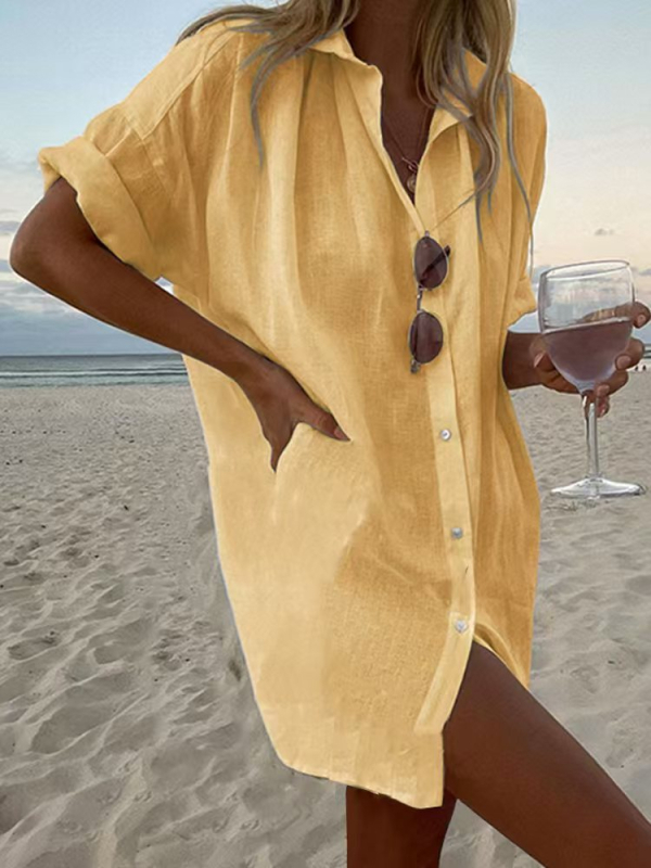 Košulja od pamuka i lana, opuštenog kroja, dugi rukavi, rever ovratnik, jednobojni uzorak, literarno-retro stil