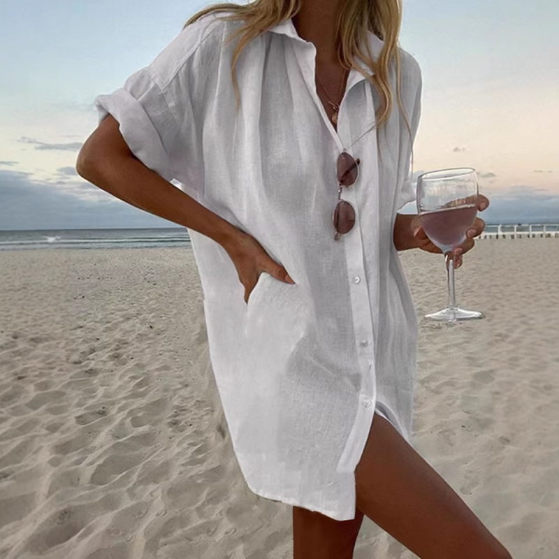 Košulja od pamuka i lana, opuštenog kroja, dugi rukavi, rever ovratnik, jednobojni uzorak, literarno-retro stil