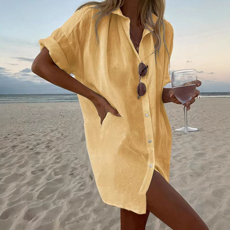 Košulja od pamuka i lana, opuštenog kroja, dugi rukavi, rever ovratnik, jednobojni uzorak, literarno-retro stil