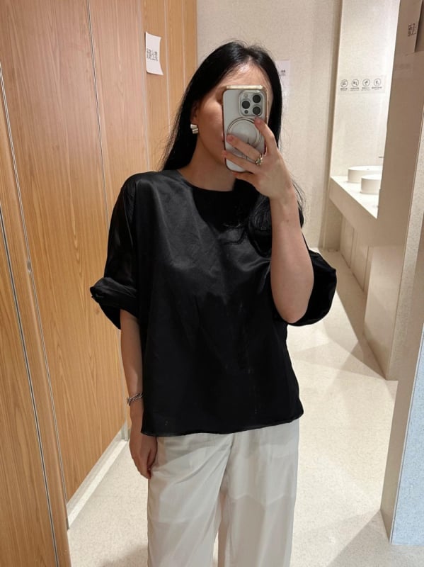 Mulberry selyem-pamut keverék ing, egyszínű, 5/4 ujj, kerek nyak, pull-over stílus mindennapi viselethez