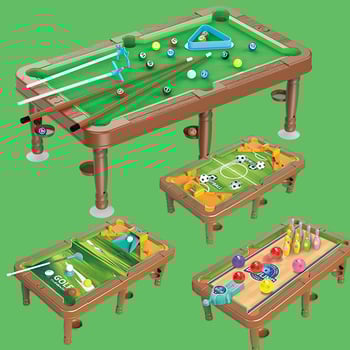 Hat az egyben gyerekek asztali játékok készlet: biliárd, társasjátékok, kosár és futball — beltéri használatra, műanyag kivitel, fejleszti a kéz-szem koordinációt, 4–6 éveseknek