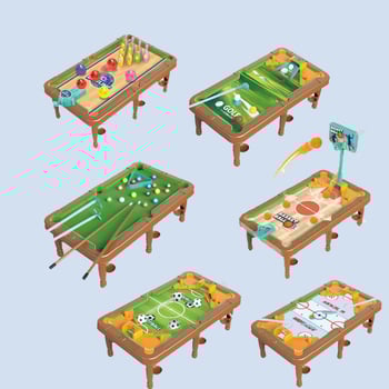 Hat az egyben gyerekek asztali játékok készlet: biliárd, társasjátékok, kosár és futball — beltéri használatra, műanyag kivitel, fejleszti a kéz-szem koordinációt, 4–6 éveseknek