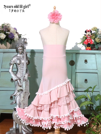 Detská flamenco tanečná sukňa z polyesteru s elastanom, 90–95% polyester, zima 2025, štýl literárny retro