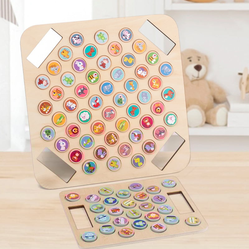 Fából készült oktatók társasjáték — flip and match, szülő-gyermek tanulás, fejleszti a logikus gondolkodást és a kéz-szem koordinációt, interaktív játék (bliszteres csomagolás), 4–14 éveseknek