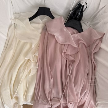 Poliészteres ing egyszínű dizájnnal, hosszú ujjú, Turn-down gallér, A-vonalú szabás