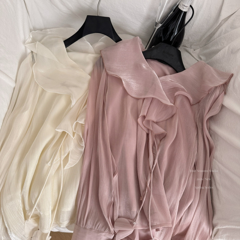 Poliészteres ing egyszínű dizájnnal, hosszú ujjú, Turn-down gallér, A-vonalú szabás