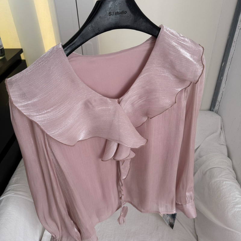 Poliészteres ing egyszínű dizájnnal, hosszú ujjú, Turn-down gallér, A-vonalú szabás