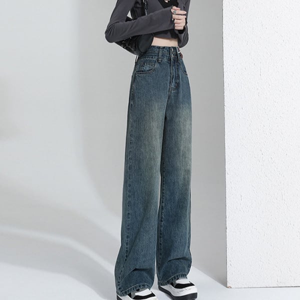 Női denim nadrág, vintage széles szárú, magas derék, hosszú, pamut 50–70%, spandex <30%