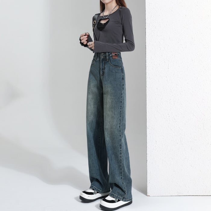Női denim nadrág, vintage széles szárú, magas derék, hosszú, pamut 50–70%, spandex <30%
