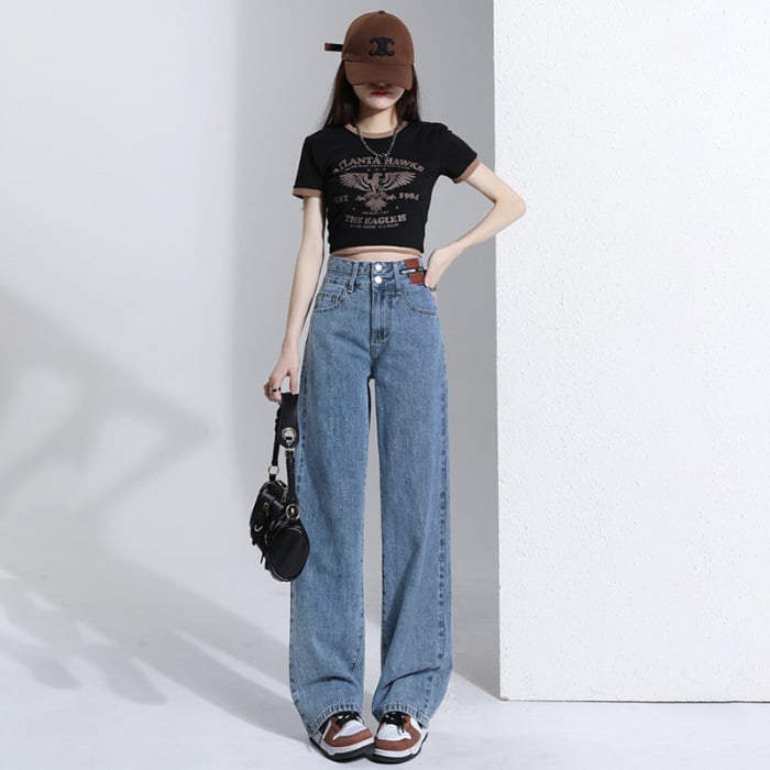 Női denim nadrág, vintage széles szárú, magas derék, hosszú, pamut 50–70%, spandex <30%