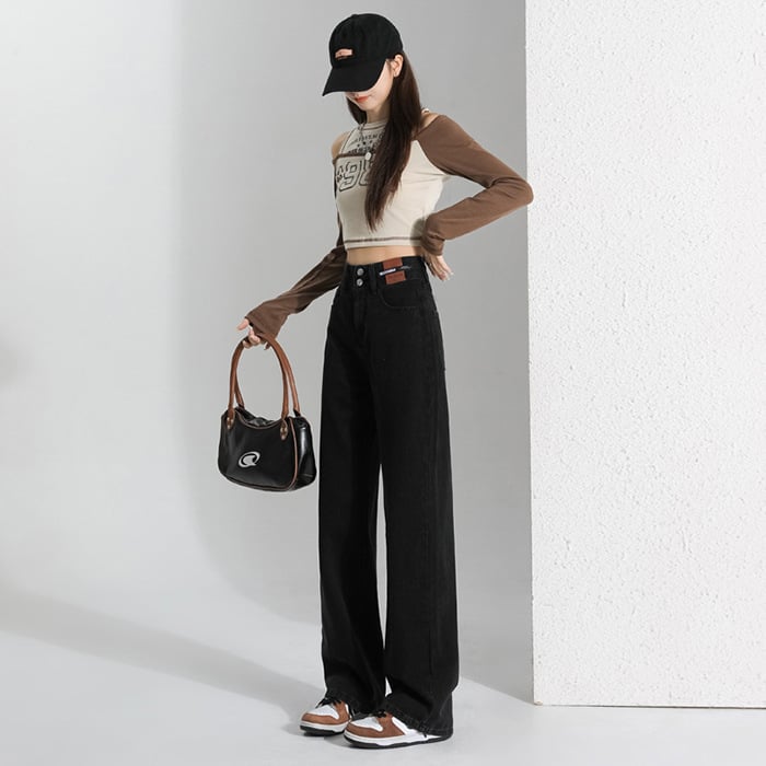 Női denim nadrág, vintage széles szárú, magas derék, hosszú, pamut 50–70%, spandex <30%