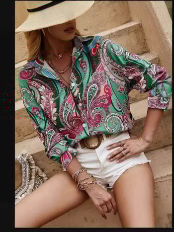 Női rövid ujjú 3D nyomtatott blúz, karcsú fazon, poliészter négyirányú elasztikussággal, 3 gombos zárás, U-s alakú gallér