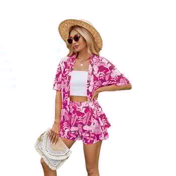 Női két darabos szett: rövid ujjú polo nyakú felső és elasztikus derekú rövidnadrág, virágmintás, poliészter, városi stílus